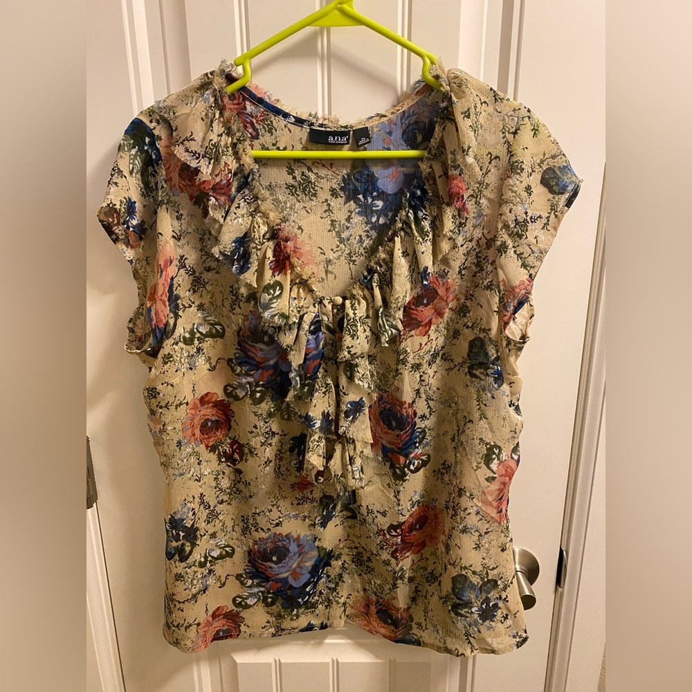 ANA A New Approach XL Blouse Sheer Floral Top Beige Ruffle Trim Raw Edge